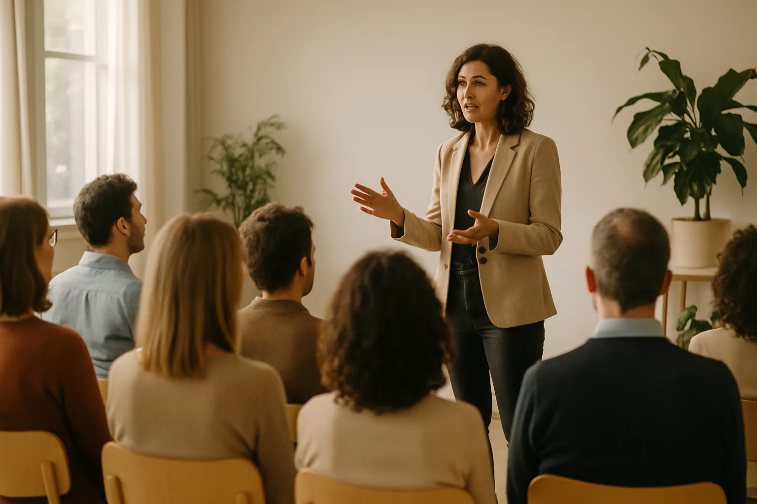Facilitadora hablando ante un grupo en una sala luminosa